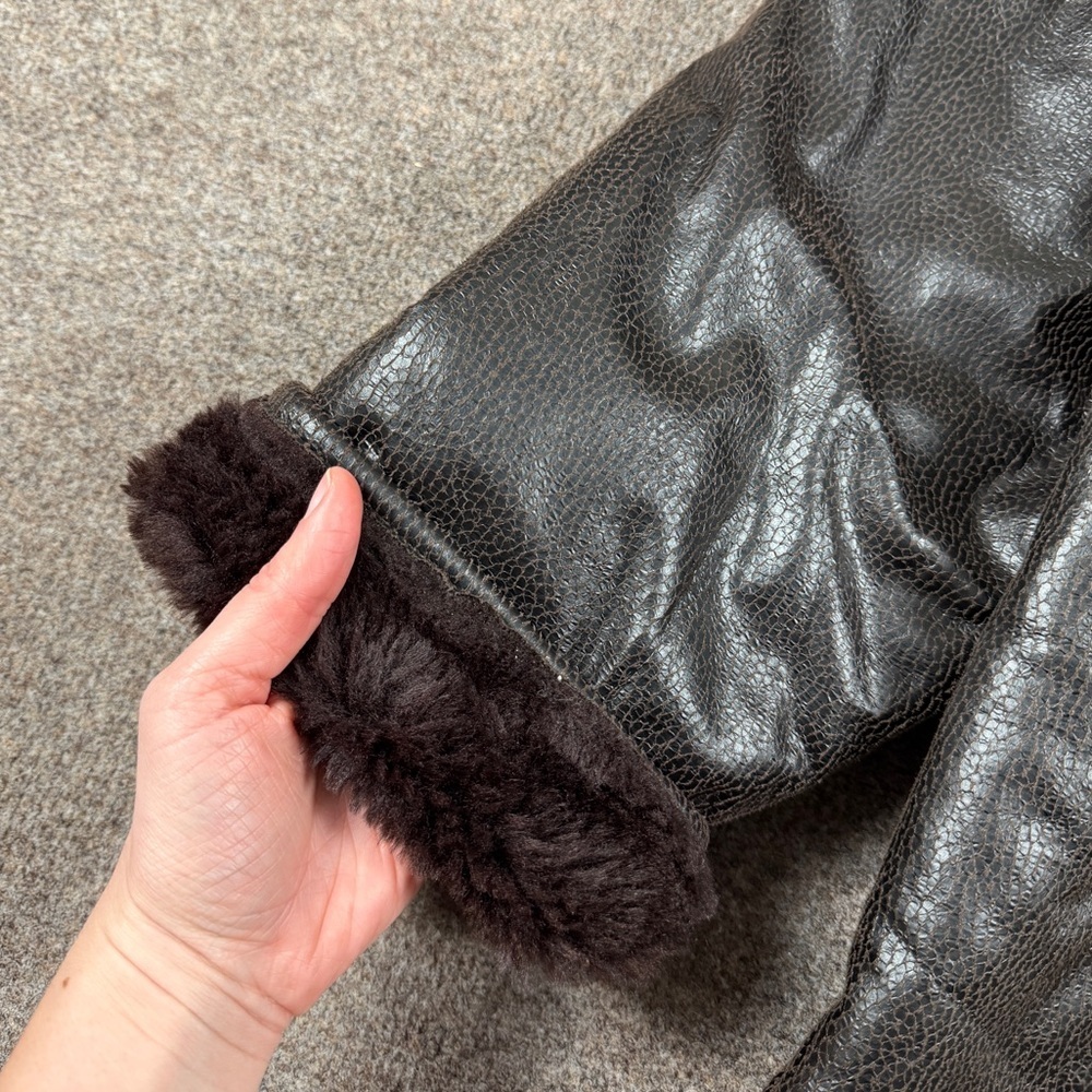 Brown Faux Textured Leather Fur Lined Full Zip Jacket Women’s 2XL Winter Coat - Picture 3 of 7